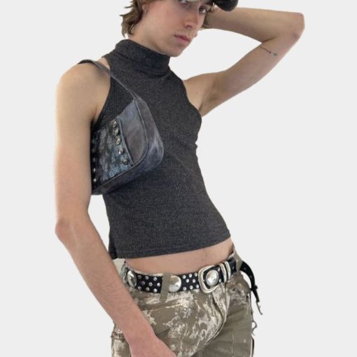 스터드 플라워 가죽 숄더백 블루